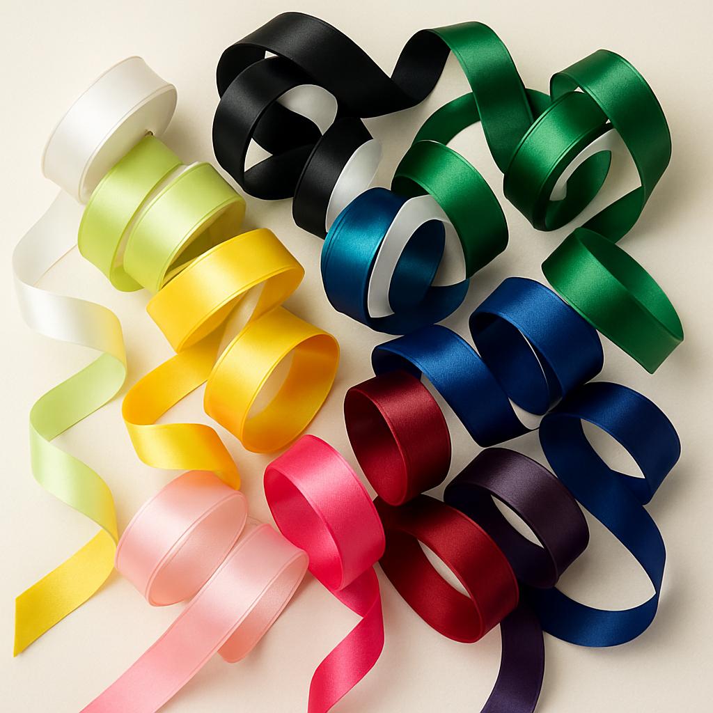 Pile of different colors of double faced satin ribbon for gift wrapping and packaging